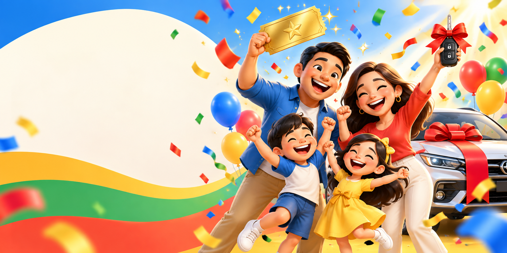 Happy family celebrating a raffle win